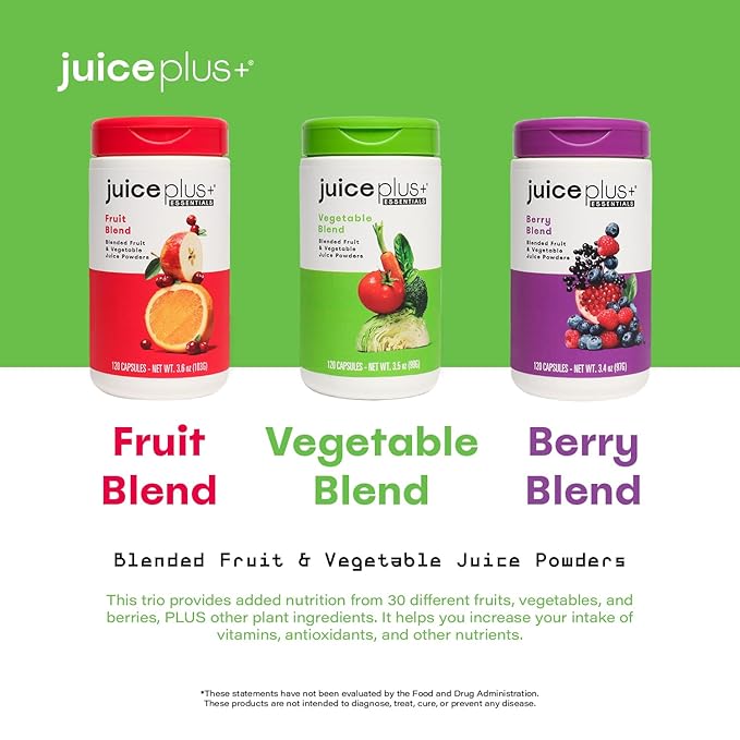Juice Plus+ Fruit, Vegetable & Berry Blend - Fruit and Vegetable Supplement for Immune Support, Cognitive Health & Radiant Skin - 3 Bottles, (120 Capsules Each)