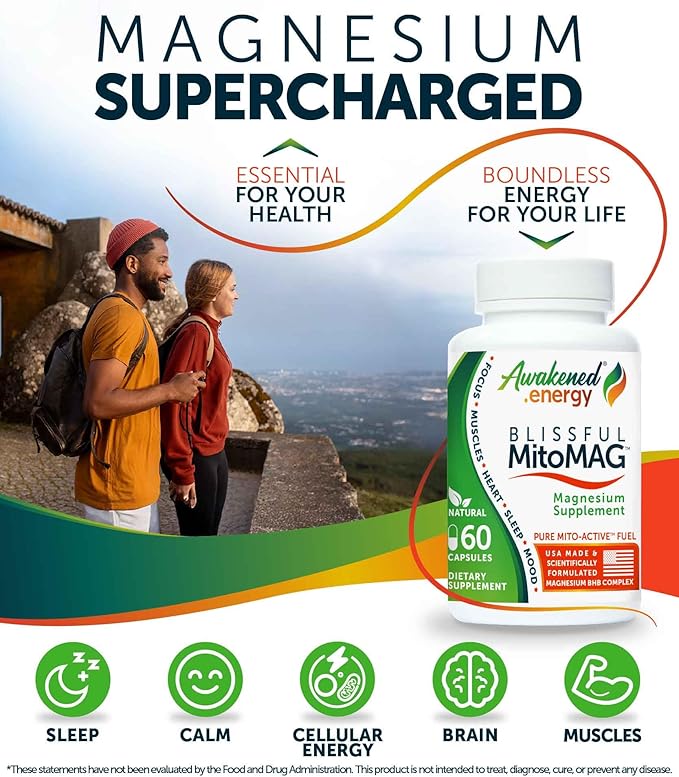 Blissful MitoMag – 300mg Elemental Magnesium Complex: Mg Glycinate, Mg BHB - Sleep Muscles Mood Energy Cognitive Focus Calm – All Natural, USA Made, No Additives – 60 Vegan Capsules Supplement