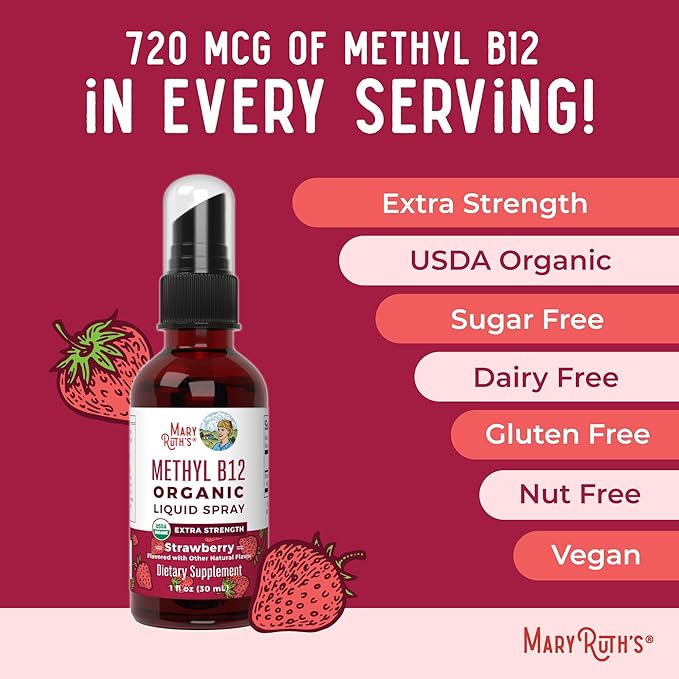 MaryRuth Organics Vitamin B12 Liquid Spray | Vegan, Non-GMO, Gluten-Free | USDA Organic Supplement | Energy & Nervous System Support | B12 Vitamins for Women & Men | 720 mcg | 1 Fl Oz