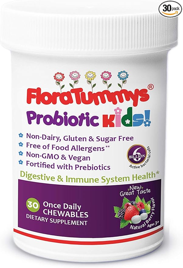 Kids Chewable Probiotic Prebiotics: Non-Dairy, Gluten & Sugar-Free, Peanut & Soy Free, Non-GMO, Tested & Free of Food Allergens, Vegan, Kosher, Berry Flavor(1 Bottle)