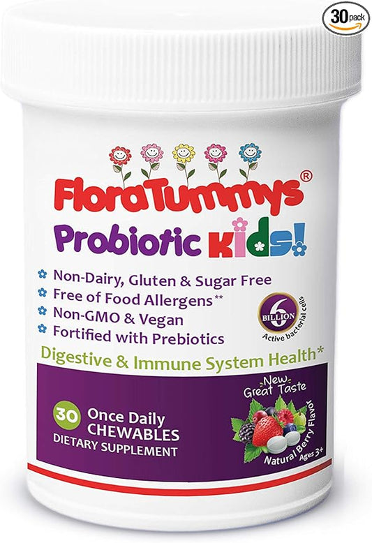 Kids Chewable Probiotic Prebiotics: Non-Dairy, Gluten & Sugar-Free, Peanut & Soy Free, Non-GMO, Tested & Free of Food Allergens, Vegan, Kosher, Berry Flavor(1 Bottle)