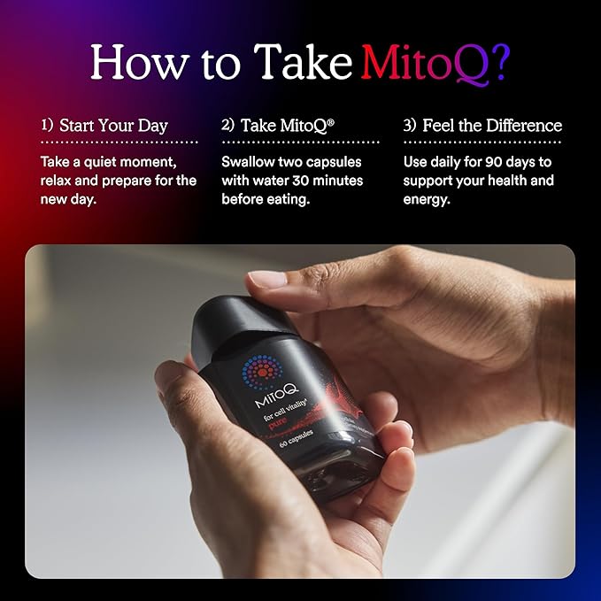MitoQ Pure Advanced Mitochondria Supplement Superior Bioavailability to CoQ10 | Reduces Free Radical Damage for Healthy Aging, Metabolism, Heart Health, Energy, Strength & Mobility