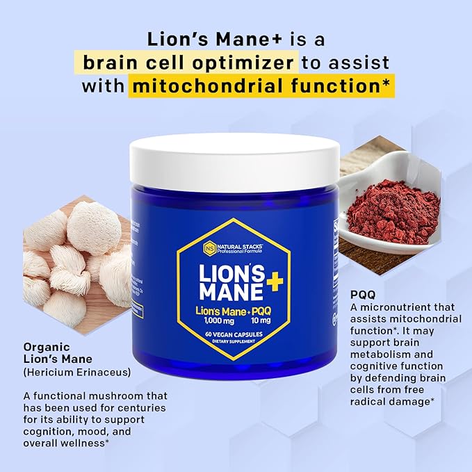 Organic Lions Mane Supplement Capsules - 1000mg Lions Mane Mushroom with 10mg PQQ - Brain Cell Optimizer for Memory, Learning, Mitochondrial Function - 60 Fruiting Body Mushroom Capsules