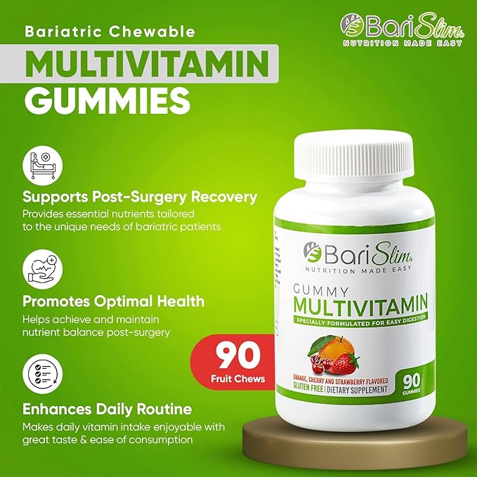 BariSlim Bariatric Chewable Multivitamin Gummies - Specially Formulated Gummy Vitamin for Patients After Weight Loss Surgery - Easy to Digest & Great Tasting Fruit Flavors | 2 Pack (180 Fruit Chews)