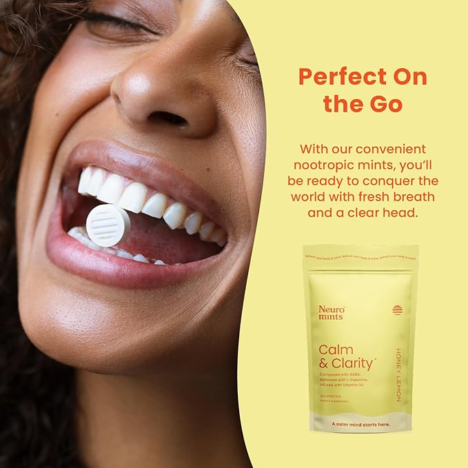 NeuroGum Calm & Clarity Mints (90 Pieces) - Sugar Free with L-theanine + GABA + Vitamin D3 - Nootropic Brain Supplements for Memory - Enhances Calm, Stress Relief for Men & Women - Honey Lemon
