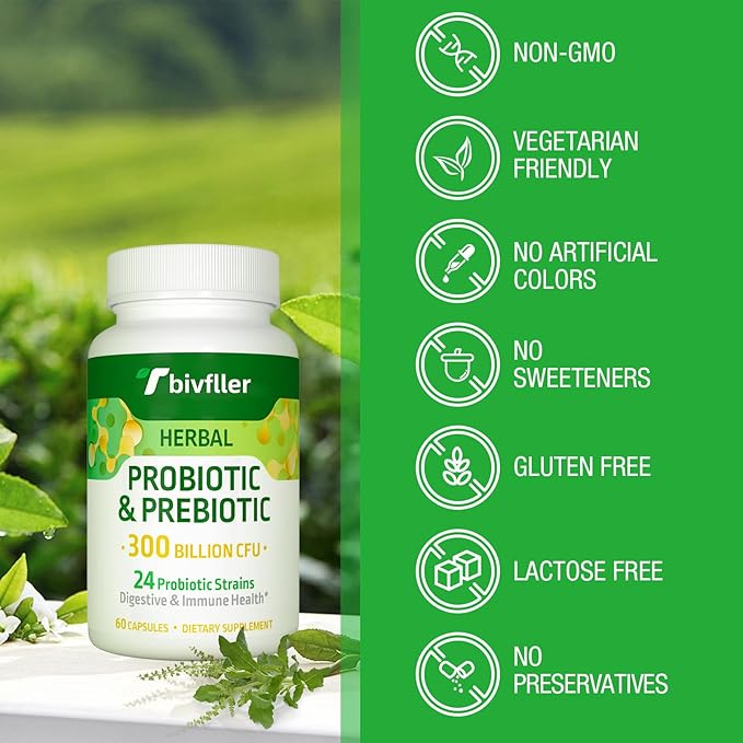 Probiotics for Women Men- 300 Billion CFU, 24 Strains Probiotic+15 Organic Herbs Prebiotics Blend, Pre and Probiotics, for Digestive Health, Immune & Gut, Diarrhea, Bloating, Vegan, 2 Month Supply