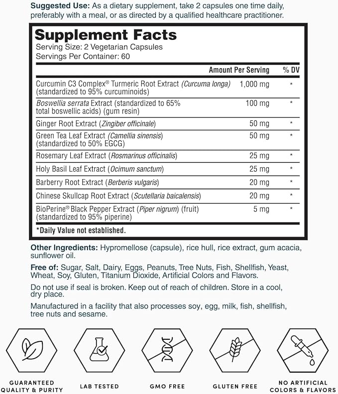 Nature's Lab Gold Whole Body Herbal Complex - Turmeric, Boswellia, Ginger, Green Tea, Rosemary - 120 Capsules (60 Day Supply)
