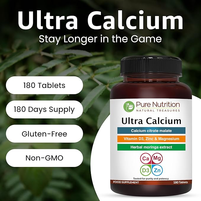 Pure Nutrition Ultra Calcium Citrate 1000mg Highly absorbable Calcium Supplement with Calcium Citrate Malate, Vitamin D, Zinc and Magnesium - 1 Tablet Daily (180 Veg Tabs) Non-GMO | Gluten-Free