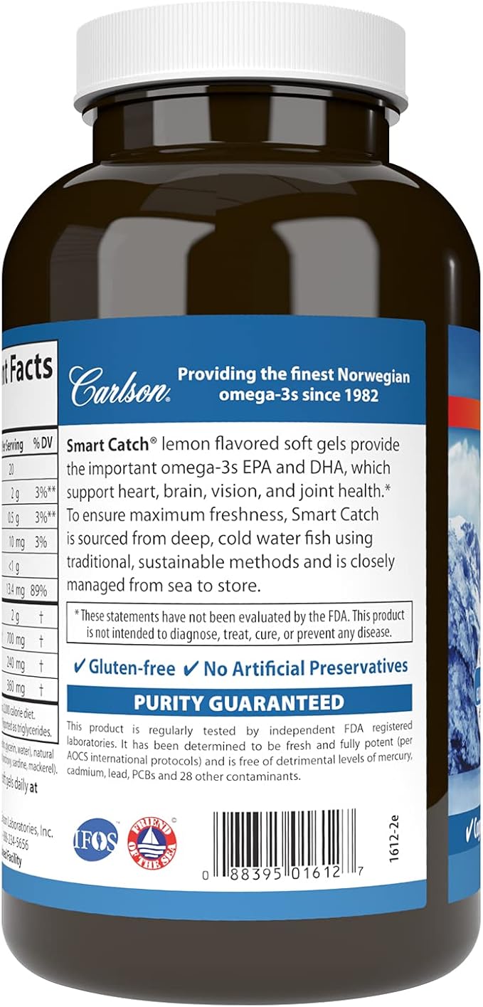 Carlson - Teen's Smart Catch, 700 mg Omega-3s, Cognitive Development, Brain Function & Vision Support, Lemon, 180 Softgels