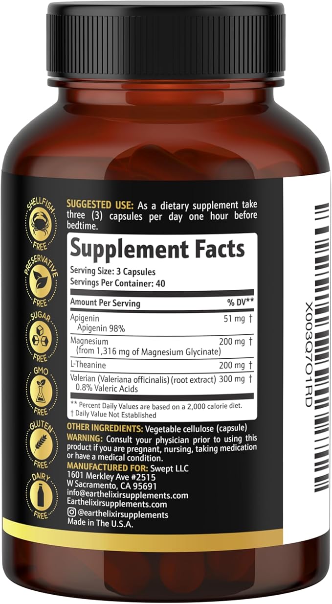 4-in-1 Sleep Aid (120 Caps) w/Apigenin 50mg, Magnesium Glycinate 200mg, L Theanine 200mg & Valerian Root for Sleep Aid 300mg | Apigenin Supplement for Sleep | Sleeping Pills