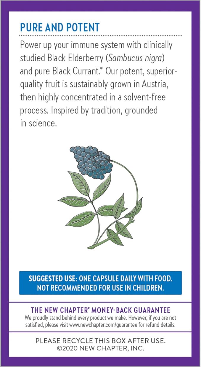 New Chapter Vegan Elderberry Capsules with 64x Concentrated Black Elderberry + Black Currant for Comprehensive Immune Support, Non-GMO Project Verified, Gluten Free, Certified Vegan, 30 Count