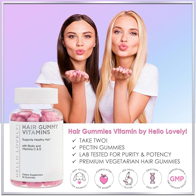 Hair Vitamins Gummies with Biotin 5000 mcg - Vitamin E, C & Zinc Support Hair Growth for Women & Men, Premium Vegetarian & Non-GMO, Stronger, Beautiful Hair, Skin & Nails Supplement - 60 Gummy Bears