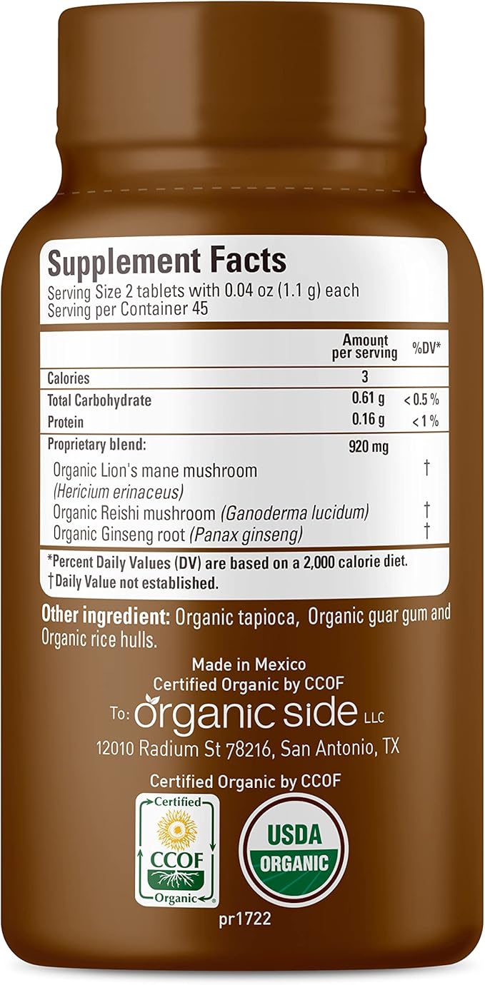 | 100% Pure Organic | Lions Mane, Reishi, & Ginseng Tablets | Adaptogens for Energy & Focus | USDA Certified, Non-GMO, Plant-Based | 90 Tablets