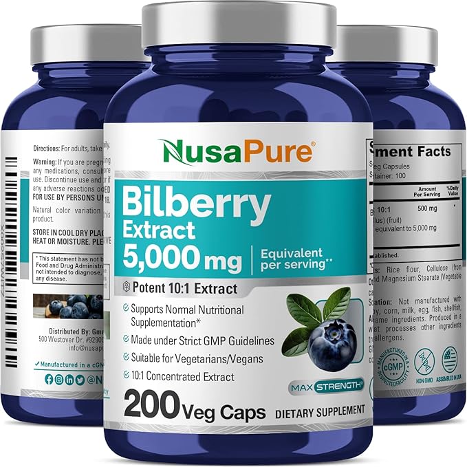 NusaPure Bilberry Extract 5,000mg 200 Vegetarian caps (Non-GMO, Vegan)