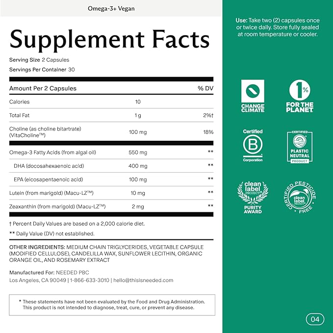 Needed. Vegan Omega-3 DHA & EPA Supplement - 500mg Omega-3 + 100mg Choline, Plant-Based Capsules, Sustainably Sourced Algae Oil, 2 Capsules Daily, 30-Day Supply