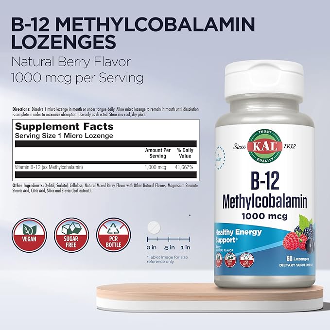 KAL Vitamin B-12 Methylcobalamin Lozenges 1000mcg, Healthy Energy, Metabolism, Nerve & Red Blood Cell Support,* Optimal Absorption, Natural Berry Flavor, Vegan, Sugar Free, 60 Servings, 60 Lozenges