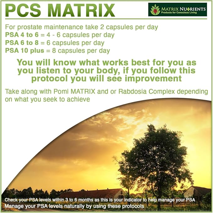 PCS Matrix - Lower PSA Levels for Healthy Prostate - 100% Natural Ingredients: Saw Palmetto, Rabdosia, Scute, Plantago Focium, Chrysantaomum, Ganoderma, Lotus Seed - Vegan Capsules (120ct)