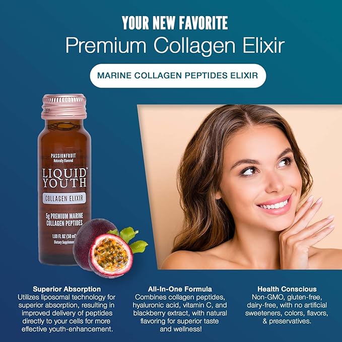 Liquid Collagen Elixir Shot for Women & Men - Premium Liquid Marine Collagen for Hair Growth, Skin, Nail, Bone & Joint Health - Travel-Friendly (Passion Fruit, 10 Servings Per Box)