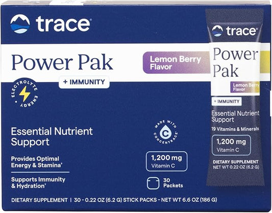 Trace Minerals PowerPak Plus Immunity - Hydration Support Supplement - Vitamin & Mineral Powder with Elderberry - Powder Packet to Aid Immunity & Energy - Fizzy Lemon Berry (30 Servings)