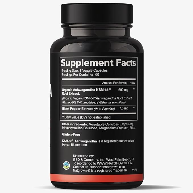 Natgrown Ashwagandha KSM 66 Supplement 600 mg - Stress, Mood, & Athletic Support - Organic KSM66 Root Extract with 5% Withanolides - Vegan Capsules - 60 Count
