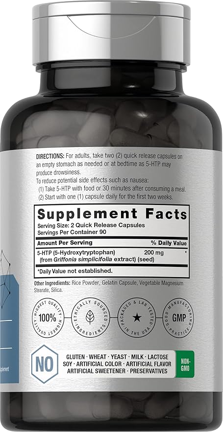 Horbäach 5HTP 200mg Supplement | 180 Capsules | 5 Hydroxytryptophan | Griffonia Simplicifolia | Extra Strength | Non-GMO, Gluten Free