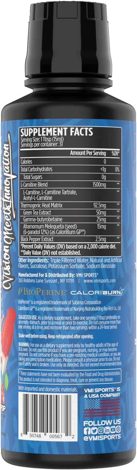 VMI Sports L-Carnitine 1500 Heat Liquid Enhanced Thermogenic | 1500 mg Carnitine | Maximum Absorption Formula | Great Taste for Men & Women | 31 Servings (Patriot Pop)