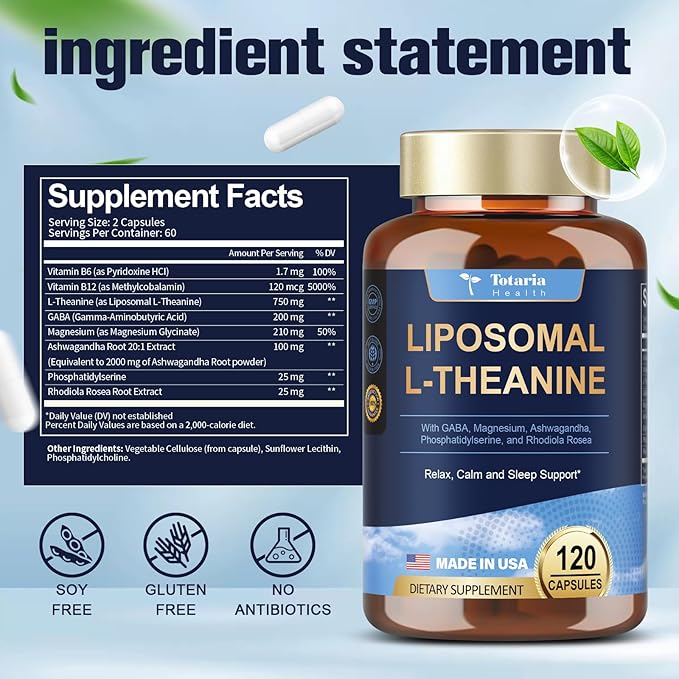 Liposomal L-Theanine Supplement 750mg with GABA,Ashwagandha,Magnesium Glycinate,Rhodiola Rosea,Phosphatidylserine Complex Supplements for Men and Women Mood |Focus | Sleep Support 120 Capsules