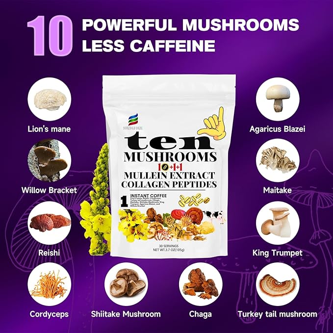 SUNDAFONE Mushroom Coffee, with Grass Fed Collagen, Mullein, Lion's Mane, Reishi for Focus, Immunity, Memory, Clarity, Breathing, Skin Hair Support, 12 Adaptogenic Instant Collagen Slim Coffee