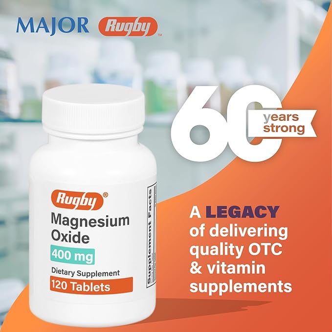 Rugby Magnesium Oxide 400 mg Tablets - Dietary Supplement - Gluten-Free - 120 Count