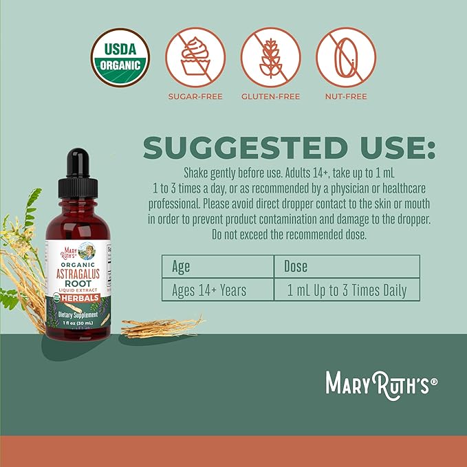 MaryRuth Organics Astragalus Root, Sugar-Free, USDA Organic, Astragalus Extract for Immune Support and Focus, Herbal Liquid Drops, Non-GMO, Vegan, 1 Fl Oz