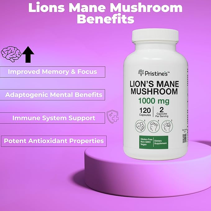 PRISTINE'S Lion's Mane Mushroom Supplement Capsules - Focus & Cognitive Function Adaptogen - 1000mg 60 Day Supply - Immunity, Memory and Focus for Adults - Vegan - Non-GMO