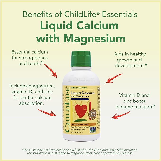 CHILDLIFE ESSENTIALS Liquid Calcium Supplement for Kids - Baby Calcium with Magnesium, Zinc, and Vitamin D3 - Orange Flavor, 16 fl oz (4 Pack)