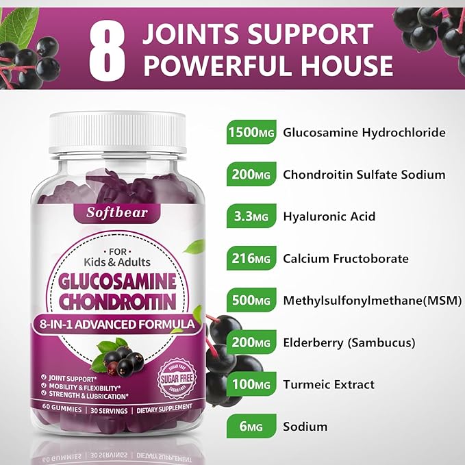 softbear Glucosamine Chondroitin Gummies, Sugar Free Glucosamine Chondroitin MSM with Elderberry Turmeric Supplement Support Joint Antioxidant, Elderberry Flavored 120 Count