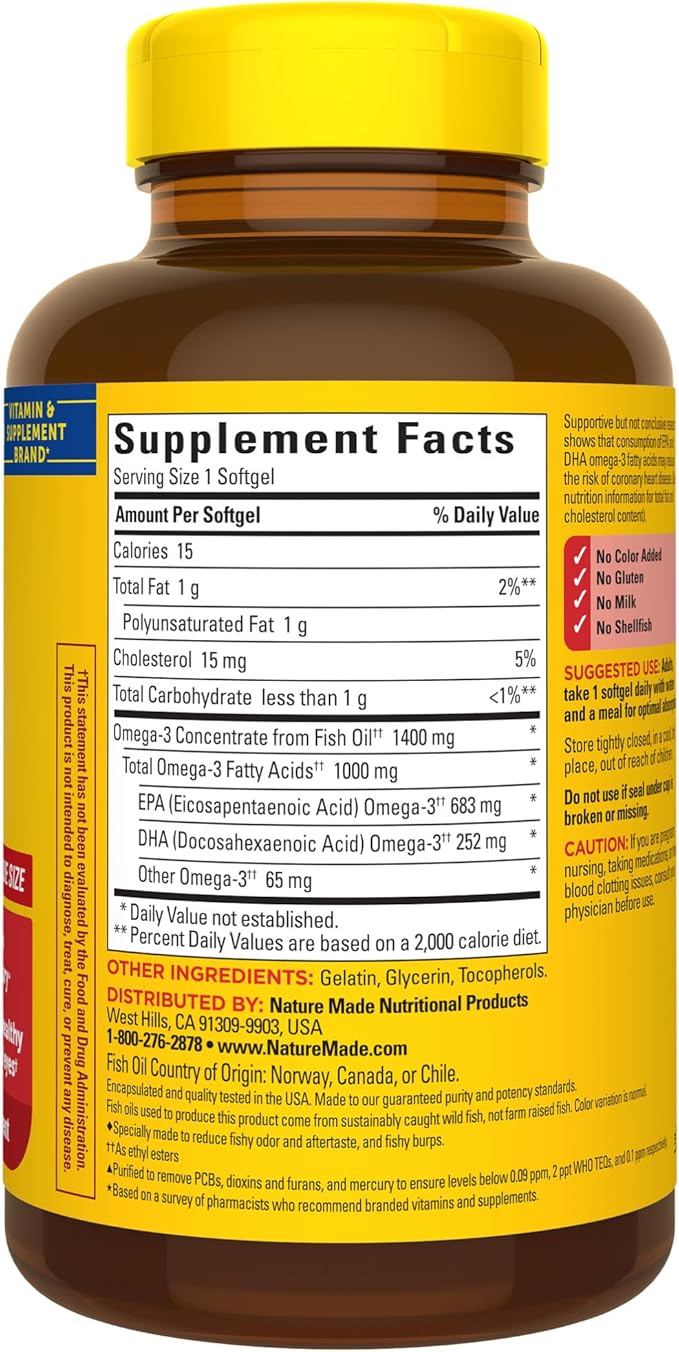 Nature Made Burp Less Ultra Omega 3 Fish Oil Supplements, 1400mg Fish Oil Omega 3 Supplements as Ethyl Esters for Healthy Heart Brain Eyes Support, One Per Day, 90 Softgels