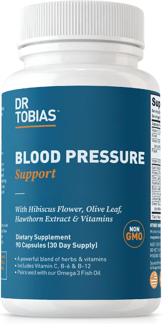 Dr. Tobias Blood Pressure Support Supplement with Hawthorn, Hibiscus Flower, Olive Leaf & Garlic, Supports Normal Circulatory Health with Vitamins C, B6, B12, Niacin, Folate & Herbs, 90 Capsules