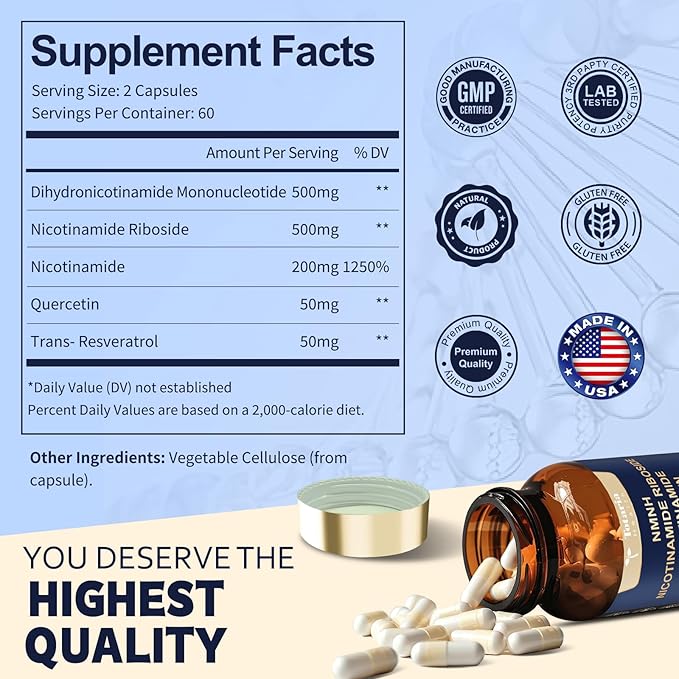 NMNH (Dihydronicotinamide Mononucleotide), Premium NMN Alternative Supplement with Flash-Free Niacinamide (Vitamin B3), Quercetin, and Trans-Resveratrol, 120 Capsules