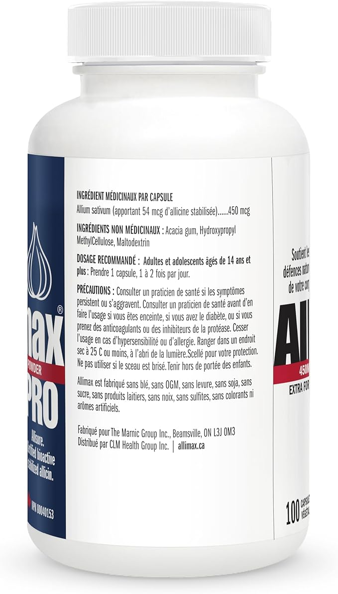 Allimax Pro 450mg 100 Vegicaps. Allicin Garlic Supplement to Support Your Body’s Immune Function. With Stabilized Allicin Extracted from Clean & Sustainable Spanish Grown Garlic. Professional Strength