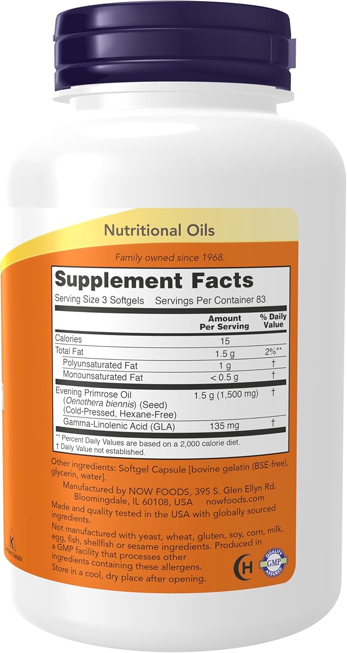 NOW Foods Supplements, Evening Primrose Oil 500 mg with Naturally Occurring GLA (Gamma-Linolenic Acid), 250 Softgels