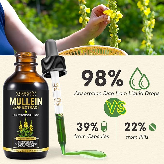 Mullein Drops for Lungs, Mullein Leaf Extract for Lungs,Mullein Leaf Extract Tincture with Chlorophyll Natural Herbal Supplement Mullein Extract Drops for Lung Cleanse and Breathe Health