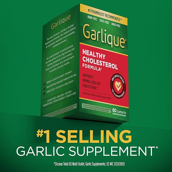 Garlique Garlic Extract Supplement, Healthy Cholesterol Formula, Odorless & Vegan-Friendly, 60 Caplets