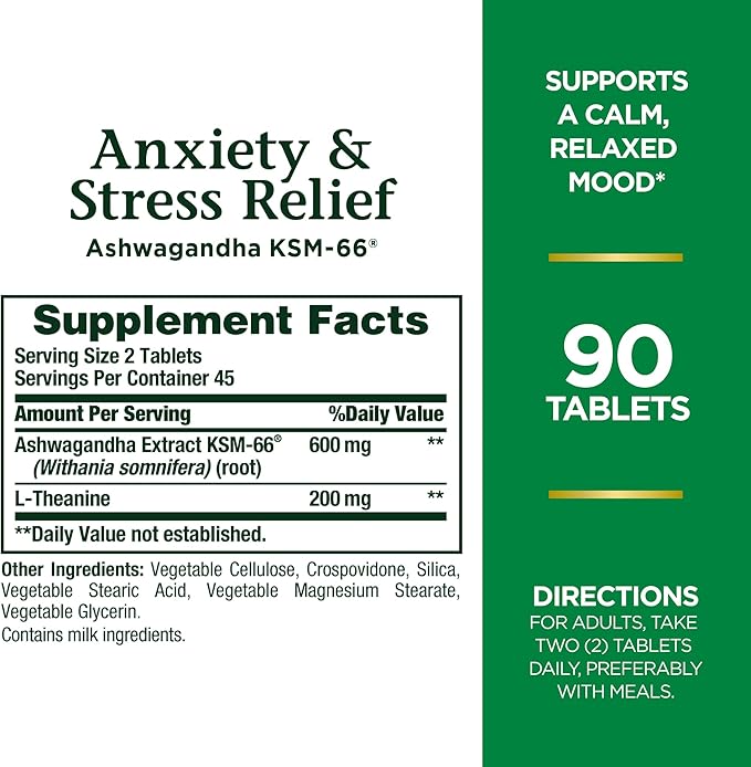 Nature's Bounty Stress Relief, Ashwagandha KSM-66, Supports Occasional Stress Relief, Dietary Supplement, Tablets, 90 Ct