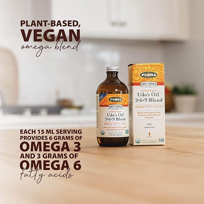 Flora - Udo's Oil DHA 3-6-9 Blend - Vegan Eye & Brain Health Supplement - Vegan Omega-3 & Omega-6 - Contains Sunflower & Flax Seed Oil - Kosher & Organic - Keep Chilled - 8.5 fl. oz.