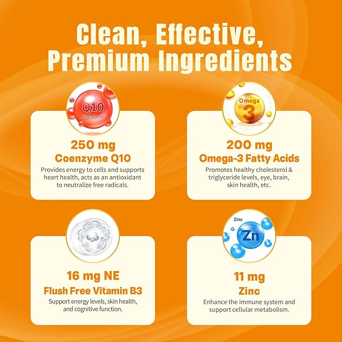 Sugar-Free CoQ10-250mg Filled Gummies - 4 Months Supply - Plus Omega-3, Vitamin B3 & Zinc, High Absorption Coenzyme Q10 Supplements for Heart Health, Cellular Energy & Antioxidant Support, 2-Pack