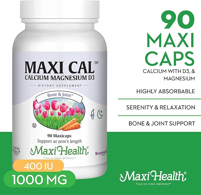Maxi Health Calcium 1000 mg Supplement with Vitamin D3 (1000 IU) and Magnesium (500 mg) - Bone, Teeth and Joint Support for Men and Women - 90 Capsules