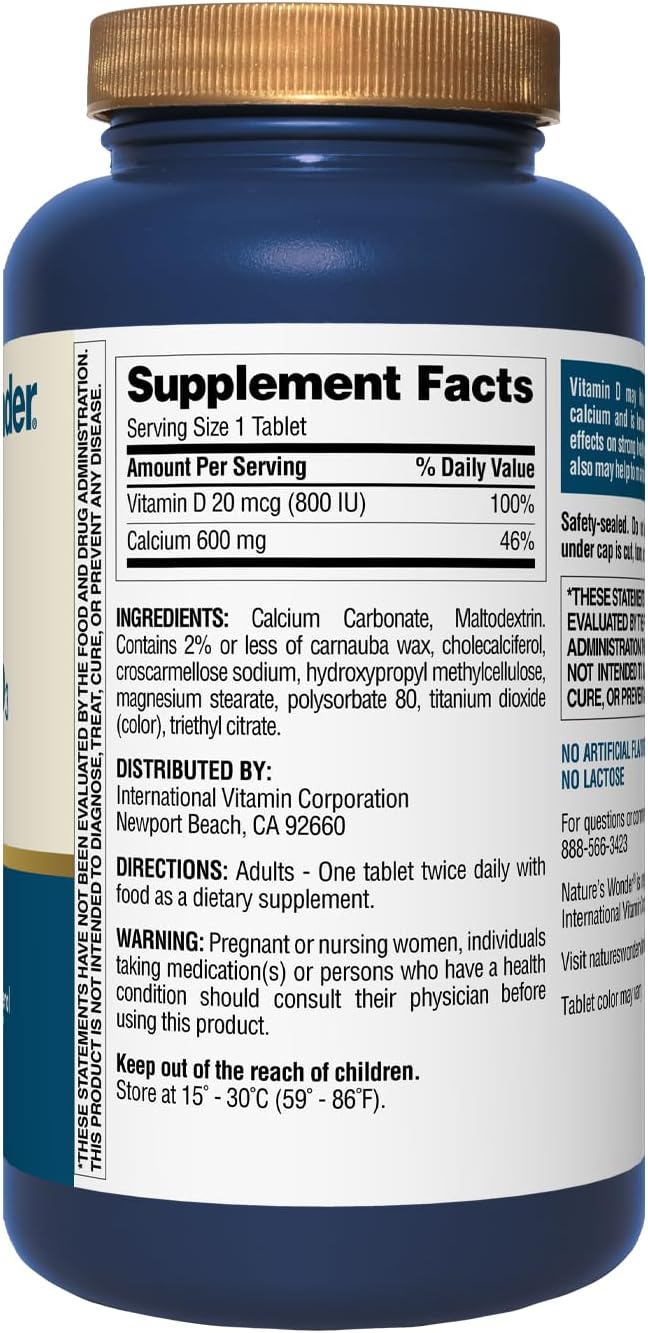 Nature's Wonder Calcium 600 mg with Vitamin D3 20 mcg for Bone Health, 220 Tablets
