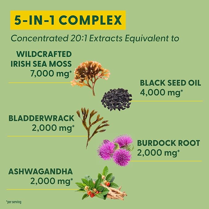 MegaFood Sea Moss Complex - Irish Sea Moss 7000mg Per Serving Plus Black Seed Oil, Burdock Root, Bladderwrack & Ashwagandha - Vegan Gut Health & Immune Support Supplement, 120 Capsules, 60 Servings