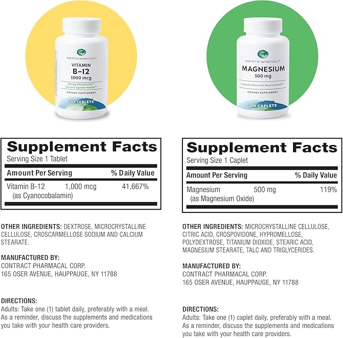 Earth's Splendor Energy + Muscle Support Energy Supplements: Vitamin B12 & Magensium, Gluten & Wheat Free, No Artificial Flavors & Preservative: Helps Metabolism, Bone & Muscle Health