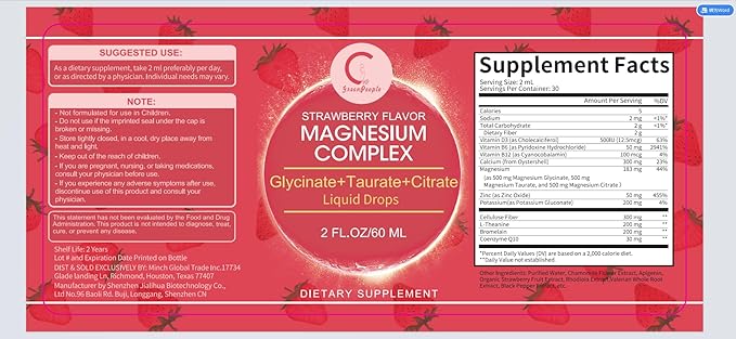 Triple Magnesium Complex Liquid Drops, Magnesium Supplement with Magnesium Glycinate, Taurate & Citrate, Calcium, Potassium, Non-GMO, Cranberry Flavor, 2 Fl OZ