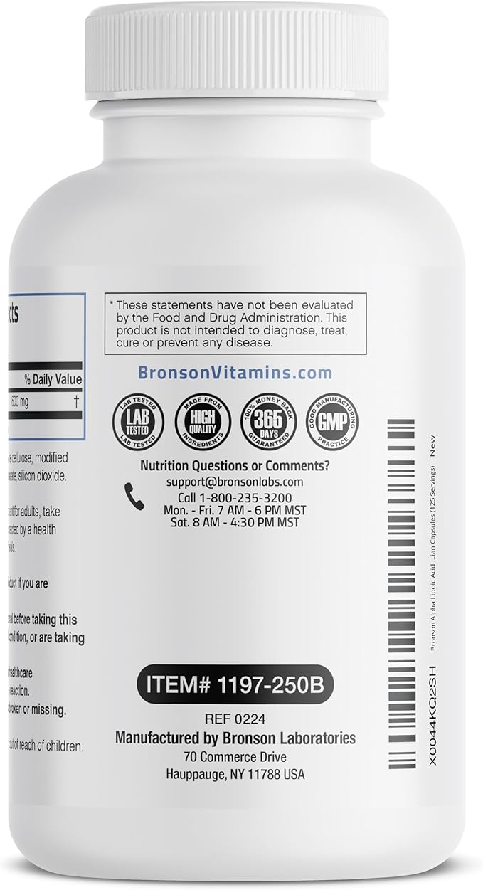 Bronson Alpha Lipoic Acid 600 MG Free Radical Scavenger Supports Health - Non-GMO, 250 Vegetarian Capsules (125 Servings)