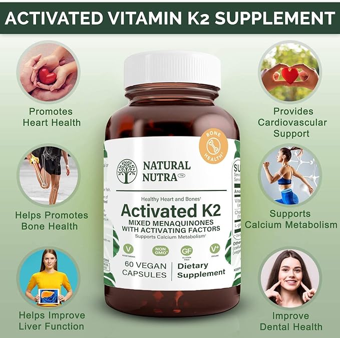 Natural Nutra Full Spectrum Vitamin K2 Supplement, Support Cardiovascular Health, Helps Promotes Bone Health, Support Calcium Metabolism, Liver Function, Improve Dental Health, 75 mcg 60 Capsules